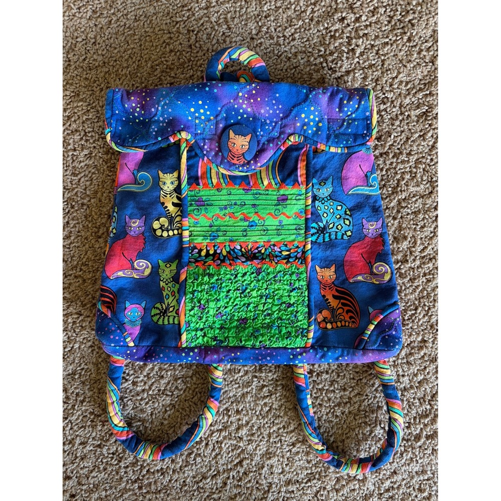 Handmade Quilted Cat Print Mini Backpack Psychedelic Rainbow Feline Boho Bag